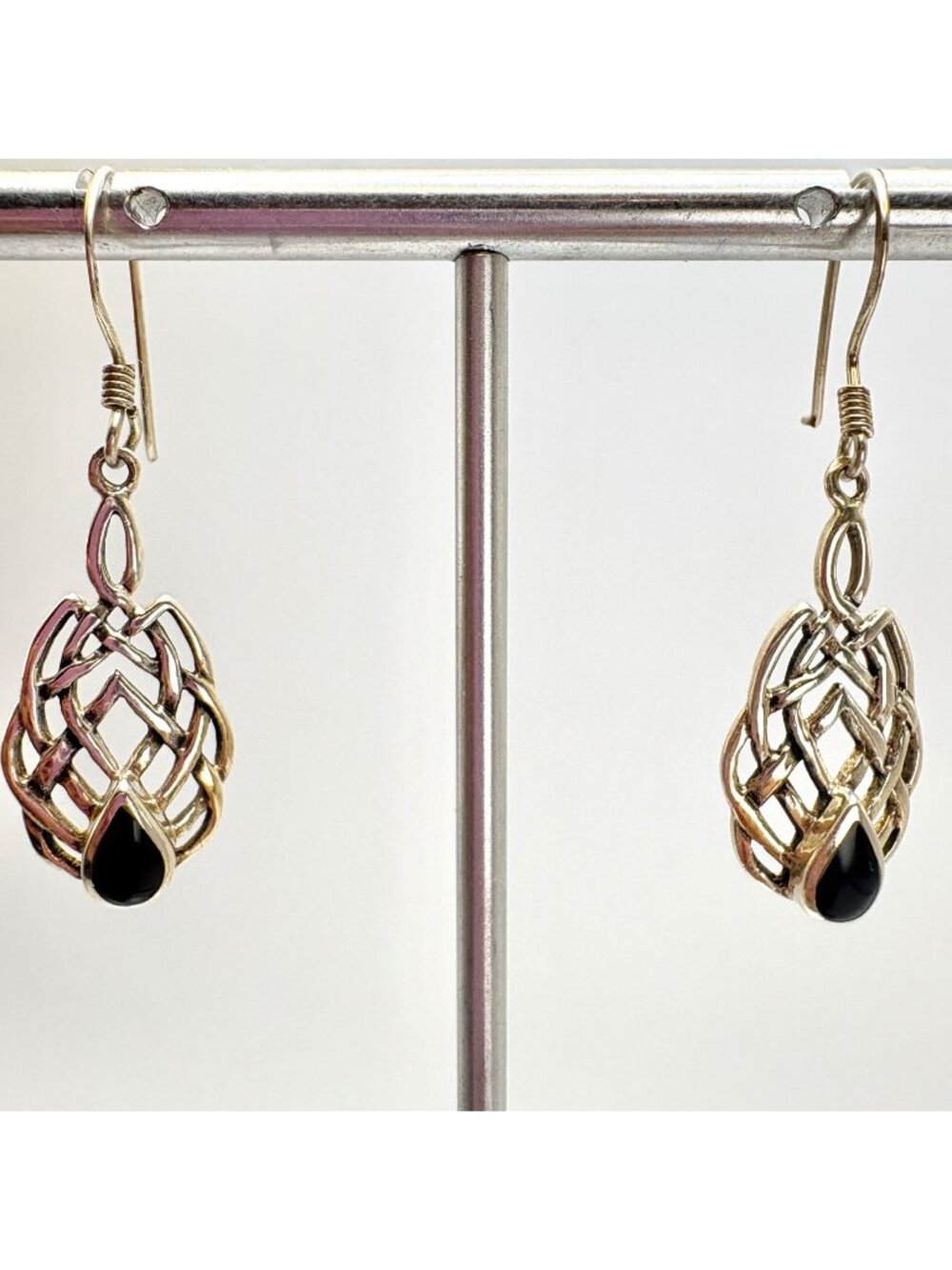 Black Enamel & Sterling Silver 925 Filigree Design Dangle Earrings 1.5" Length